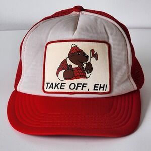 Vintage Take Off Eh Trucker Hat Canadian Beaver Cap Snap Back 80s Elbows Up Flag